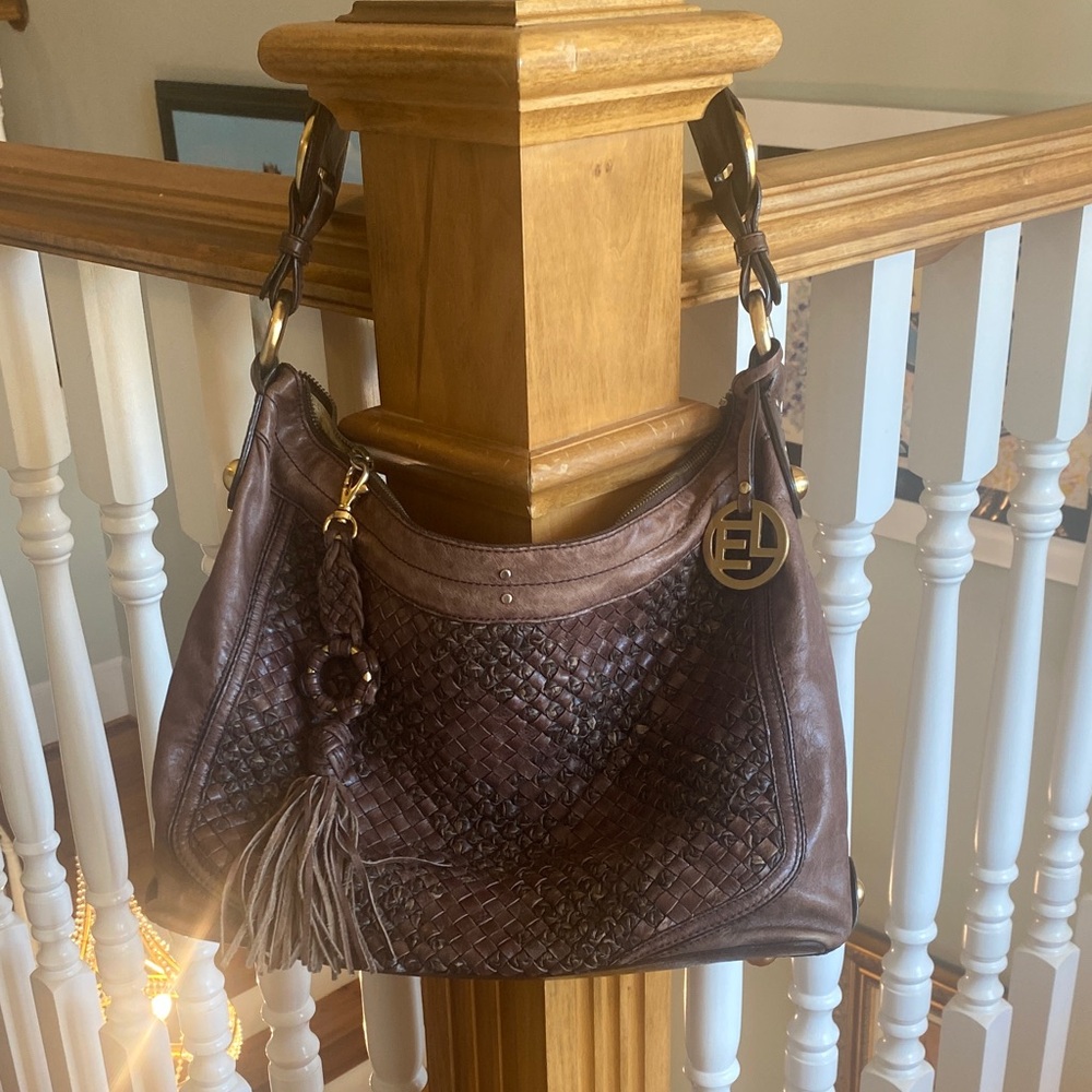 Elliott Lucca Brown Woven Leather Hobo with Tassel